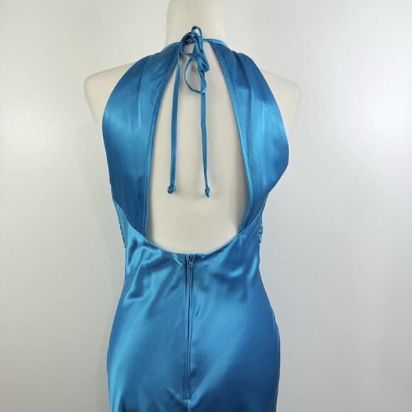 Vintage Morgan And Co Blue Satin Maxi Formal Dress 9/10 Open Back Prom Y2K 90s - Picture 10 of 16